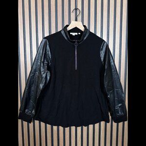 New Chicos Top US Large Womens Black 1/4 Zip Soft Fleece Faux Leather Sleeve